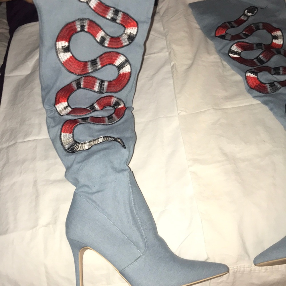 Thigh High Denim Heel Boots